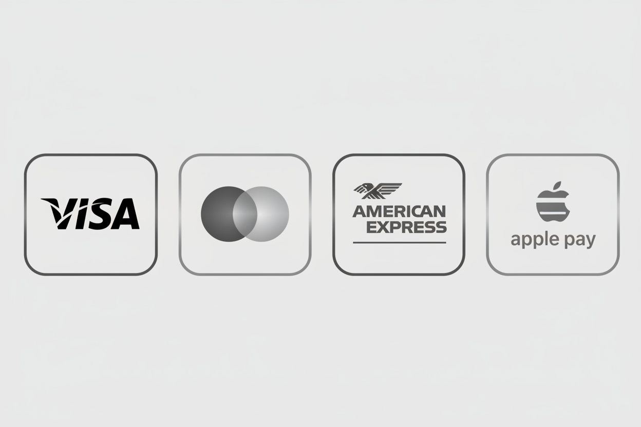 Black and white Trust badges payment, visa, mastercard, American express, apple pay 